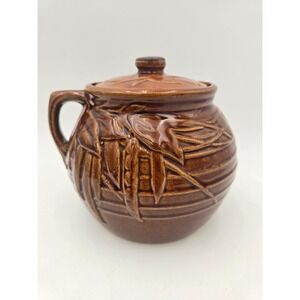 Vintage McCoy Pottery Pea Pod Bamboo Bean Pot Cookie Jar Brown Glaze With Lid